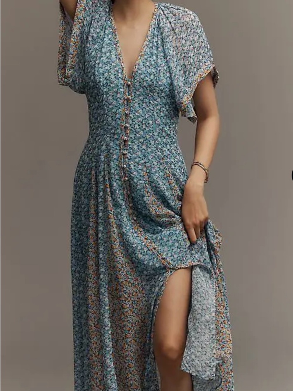 Maeve Anthropologie Floral V-Neck Button Maxi Dress Gown Size 6 NWOT